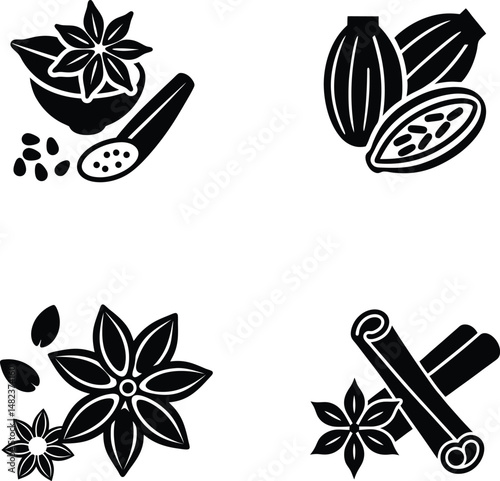 Black and white spices vector set star anise cacao cinnamon icon