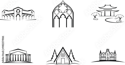 Architectural silhouettes diverse building styles and cultural landmarks vector illustration