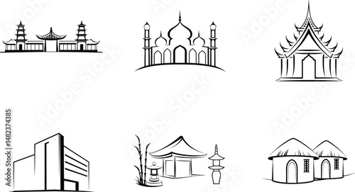 Architectural monuments line art diverse building icons vector set
