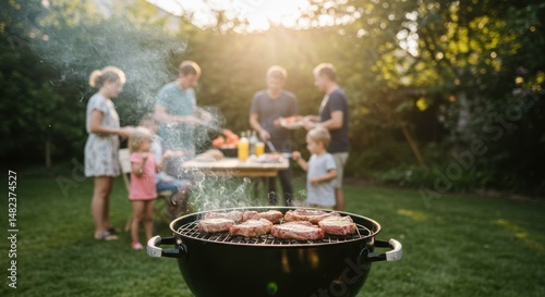 Family having a barbecue party in the backyard with meat grilling on the grill for food, summer, and outdoor concepts.