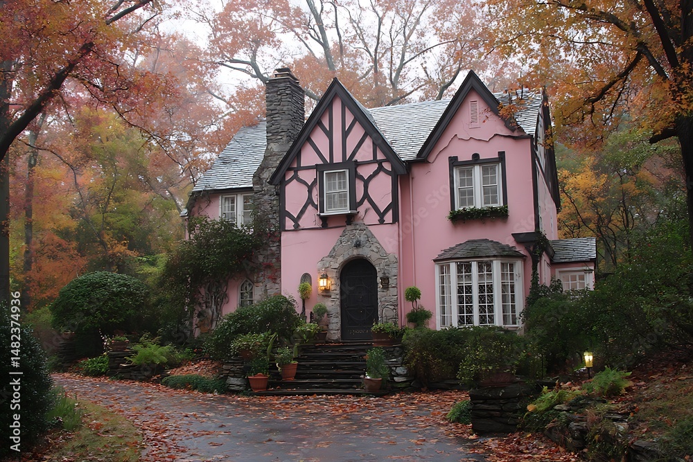 Fototapeta premium Pink tudor house with fall foliage in vibrant hues 