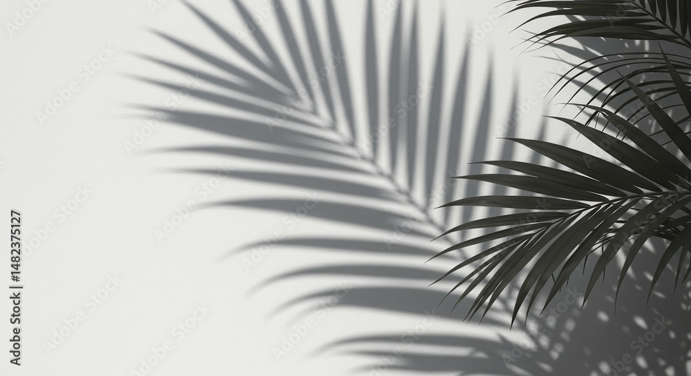 Obraz premium Shadows of Palm Leaves Cast on a White Wall Creating a Minimalist Aesthetic