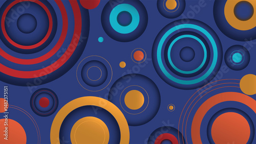 Bold and vibrant concentric circles in red orange and blue tones on a dark blue background for digital use backgrounds posters and modern graphic design projects