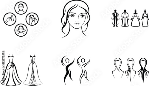 Elegant vector illustration featuring beauty rituals wedding fashion and diverse cultural elements