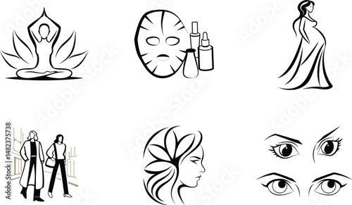 Vector icons of beauty and wellness elements in linear style