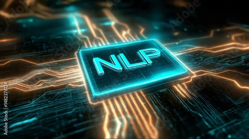 Glowing NLP chip on digital board, representing natural language processing in AI systems