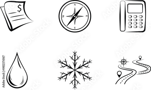 Finance compass communication water nature and route icons represented in black outline