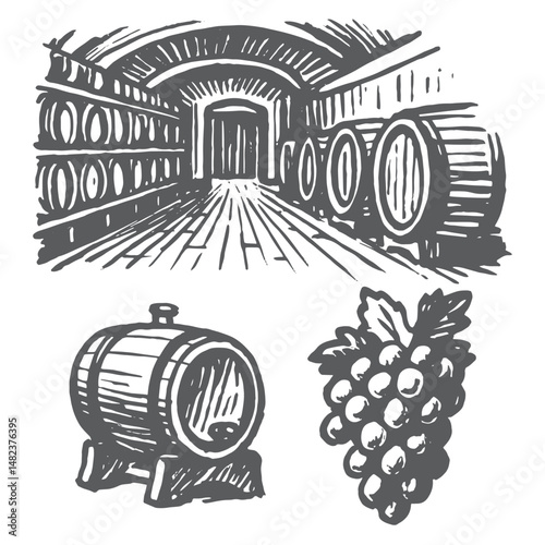 Wine cellar barrels and grape vintage sketch black icon set