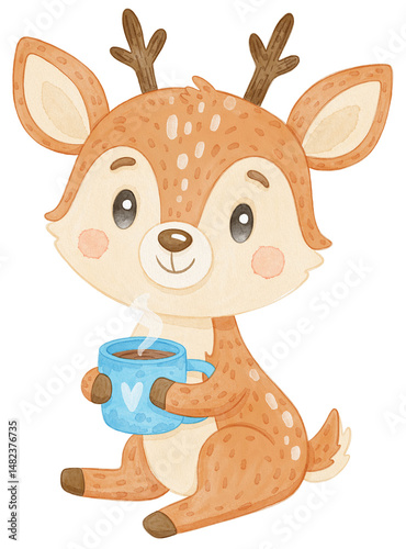 Watercolor Illustration of a Cute Deer Holding a Coffee Mug