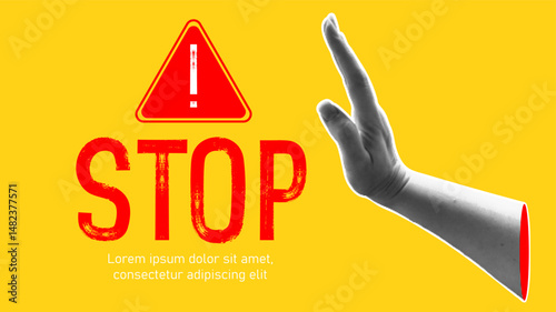 Trendy halftone banner with human hand showing stop sign. Stop gesture. Modern retro style. Contemporary collage for design template. Vector illustration