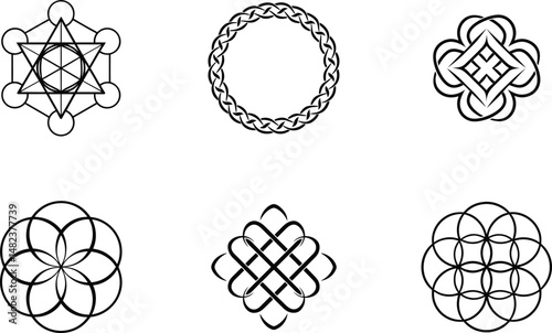 Collection of celtic and geometric ornament shapes black and white vector illustration