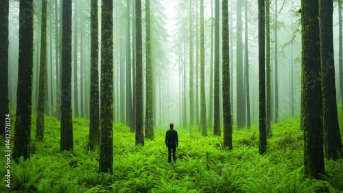 Amidst misty forest, tall trees and lush greenery create serene landscape, where ferns thrive in solitude, evoking deep sense of tranquility and connection with nature.