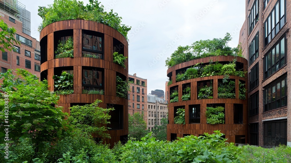 Naklejka premium Two cylindrical buildings with brown wooden facades and lush green rooftop gardens. Surrounded by greenery, they create a unique urban oasis. Natural light illuminates the scene.