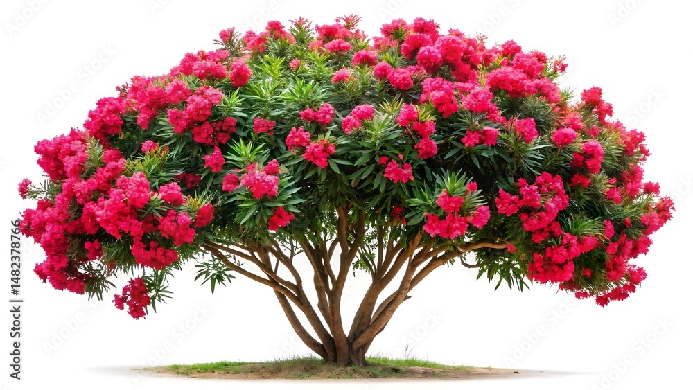 Naklejka premium Blooming oleander tree with red blossoms isolated on white background