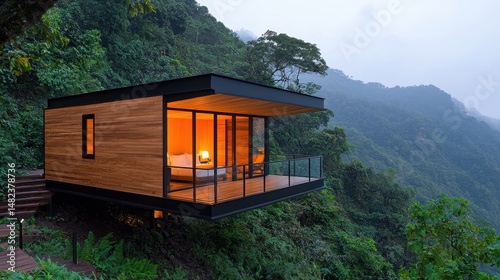 Modern Wooden Hillside Cabin with Panoramic Mountain View at Dusk