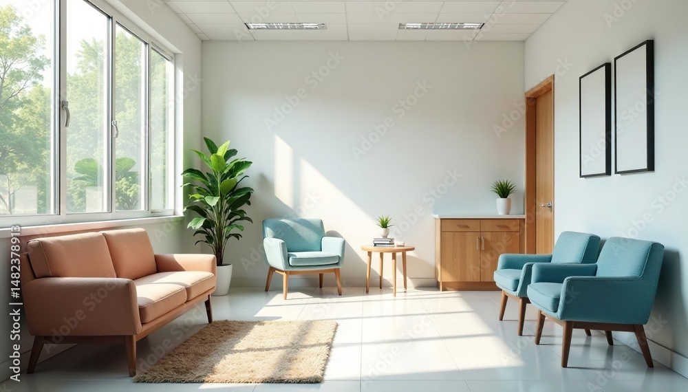 Fototapeta premium A clean and modern doctor's office waiting area, showcasing comfortable seating and calming decor , peaceful, lamp, decor