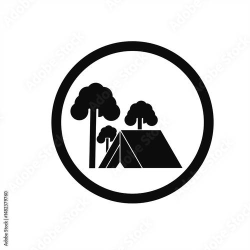 Camping Tent with Trees Icon – Solid  black Style
