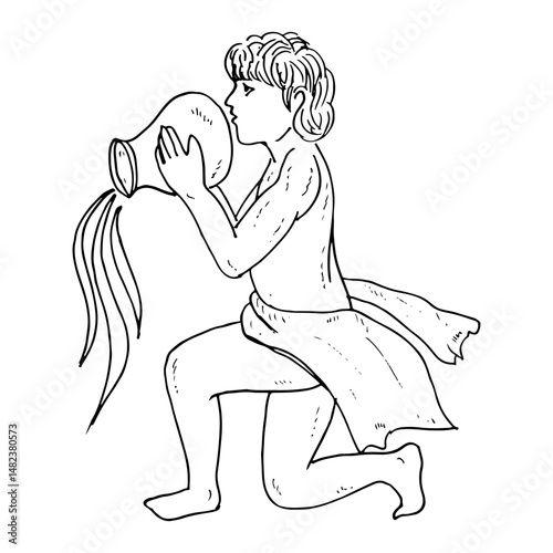 Person figure cartoon hand-drawn kneeling pose, pouring liquid from a jug.eb