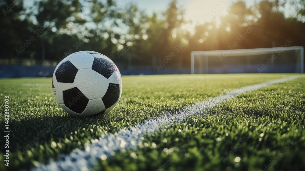 Obraz premium Soccer ball on green grass near the white line on a sunny day