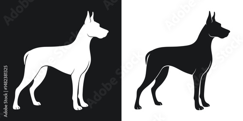 Silhouette illustration of a majestic great dane dog in two color variations
