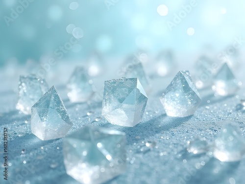 Menthol Crystals Close-Up with Cool Blue Background: Close-up shot of menthol crystals arranged on a frosted surface with a cool blue background, emphasizing purity and freshness