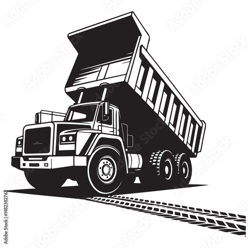 Bold monochrome illustration of a heavy duty dump truck, Vector black silhouette. with white background