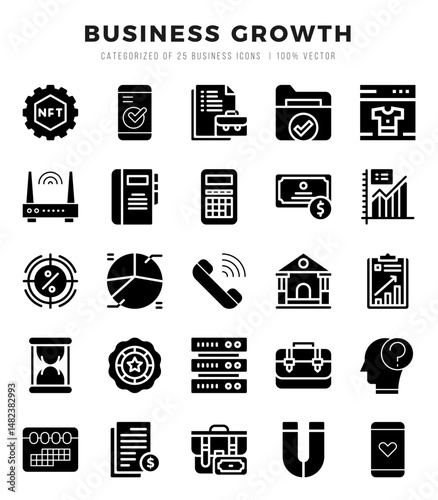Business Growth Icons Pack Glyph Style. Vector illustration.