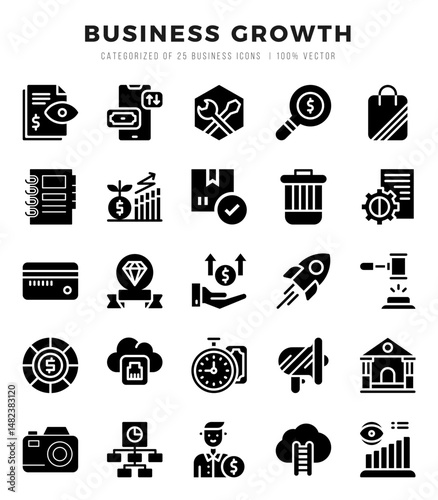 Vector icons set of Business Growth. Glyph style Icons.
