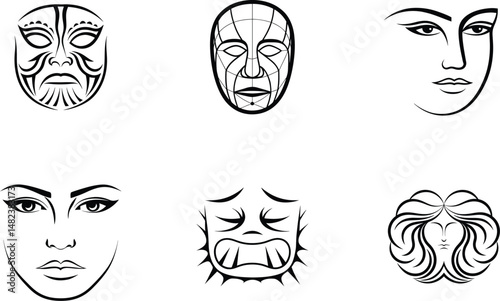 Collection of line art faces masks and expressions in vector format