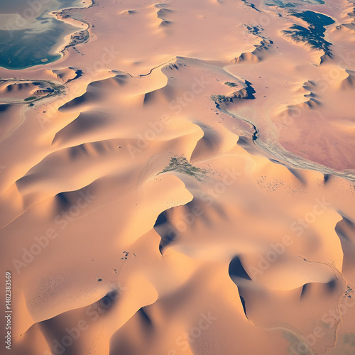 abstract landscape photo of the deserts of Africa from the air emulating the shapes and colors of the objective, Genre: Abstract naturalism, from the abstract to the figurative