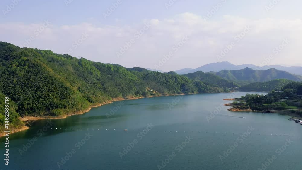 Stunning aerial view of Foziling Dam Reservoir in vibrant HD Stunning aerial view of Foziling Dam Reservoir in vibrant HD