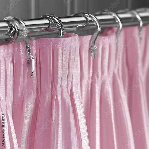 Close-up view of pleated pink shower curtains.