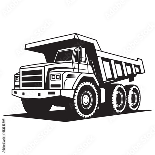 Bold monochrome illustration of a heavy duty dump truck, Vector black silhouette. with white background