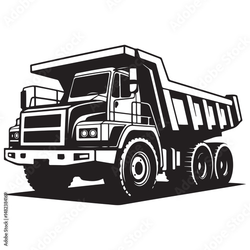 Bold monochrome illustration of a heavy duty dump truck, Vector black silhouette. with white background