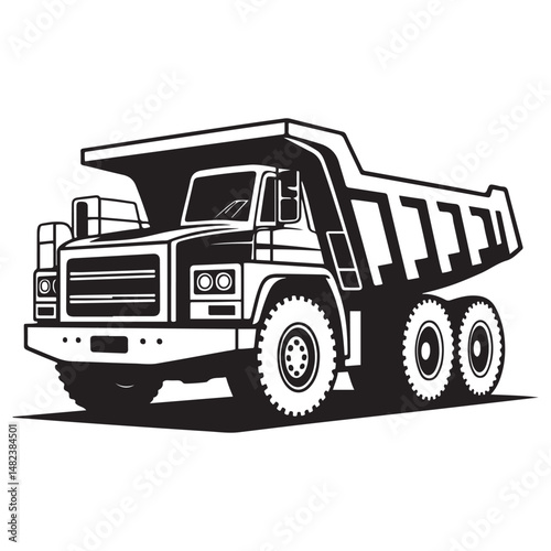 Bold monochrome illustration of a heavy duty dump truck, Vector black silhouette. with white background