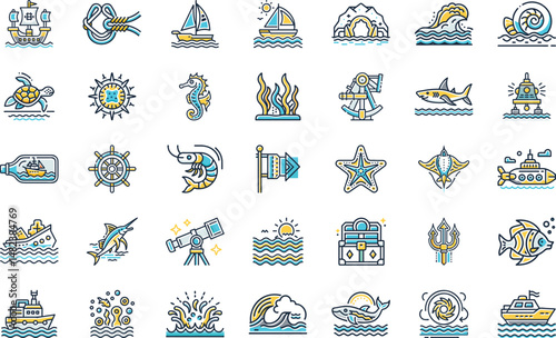 Nautical themed icon set with boats sea life and maritime elements