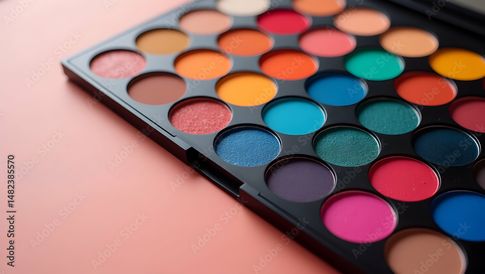 Professional image capturing an artistically arranged makeup palette featuring diverse color swatches and innovative formulation emphasizing creativity and high quality. in Photo Stock Concept and Professional image capturing an artistically arranged makeup palette featuring diverse color swatches and innovative formulation emphasizing creativity and high quality. in Photo Stock Concept and