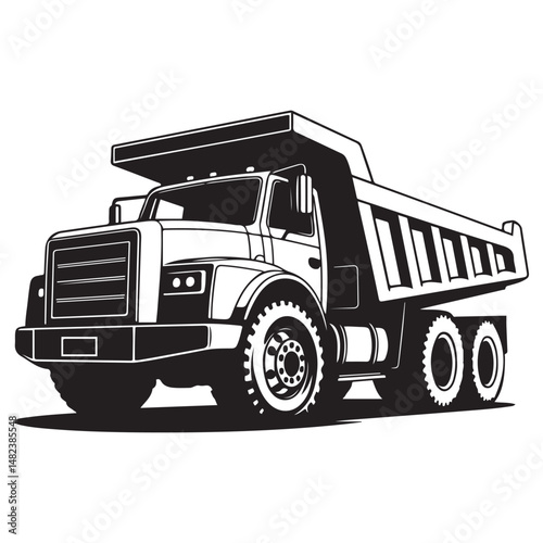 Bold monochrome illustration of a heavy duty dump truck, Vector black silhouette. with white background