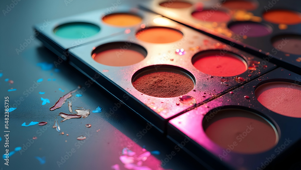 Naklejka premium Stunning Makeup Palette Photo Stock: Artistically Arranged Color Swatches Showcasing Innovative Formulations for Creative Beauty - Perfect for High-Quality Visuals with Space for Text