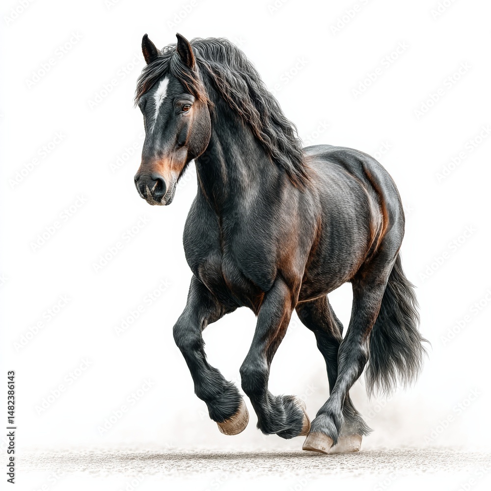 Majestic Black Horse Galloping on White Background: A Powerful Display of Strength and Grace in Equestrian Motion.