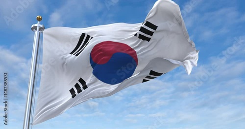South Korea flag with flagpole waving in wind, rolling clouds background looping, 4K video (Perfect Loop)