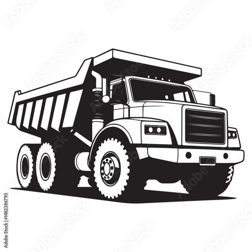 Bold monochrome illustration of a heavy duty dump truck, Vector black silhouette. with white background