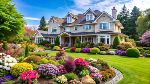 Luxurious residential house with a big beautiful garden with blooming flowers and bushes