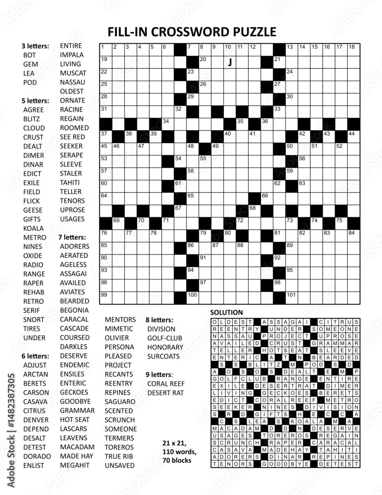 Fototapeta premium Fill in the blanks crossword puzzle with american style grid of 21x21 size, 70 blocks, 110 words, one letter revealed. Letter J as a hint. Answer included. 