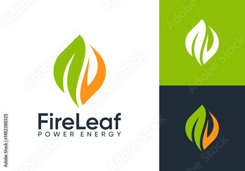 creative fire flame with leaf power energy logo vector design concept