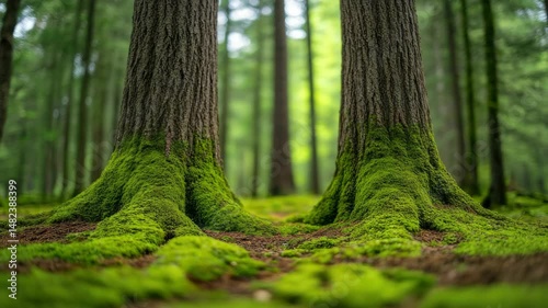 Lush greenery and vibrant sunlight illuminate tranquil forest, where thick roots of towering trees intertwine with soft moss, creating serene landscape of natures beauty.