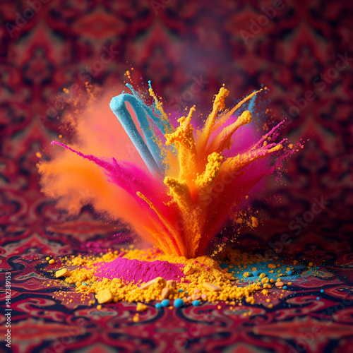 Dynamic bursts of multicolored powder settling on a richly patterned, textured fabric, creating a visually stunning contrast in high resolution.