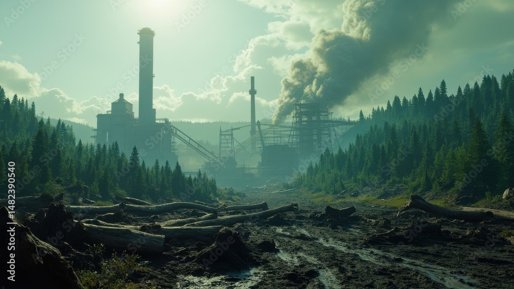 Fototapeta premium Industrial plant with tall chimney emitting smoke in a forest valley with deforested foreground and hazy sky. Industry and environmental impact concept