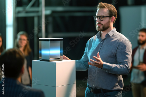 A tech entrepreneur presenting an AI-powered device to an audience, with sleek branding and futuristic visuals.
