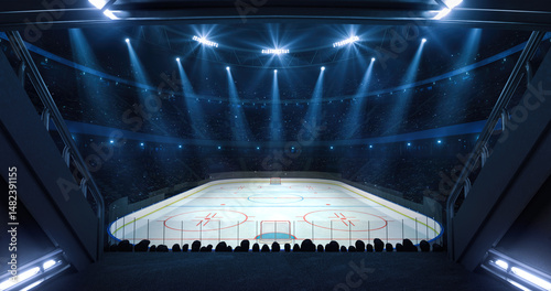 Photography Entrance to floodlit sports arena full of cheering fans with ice hockey rink before match